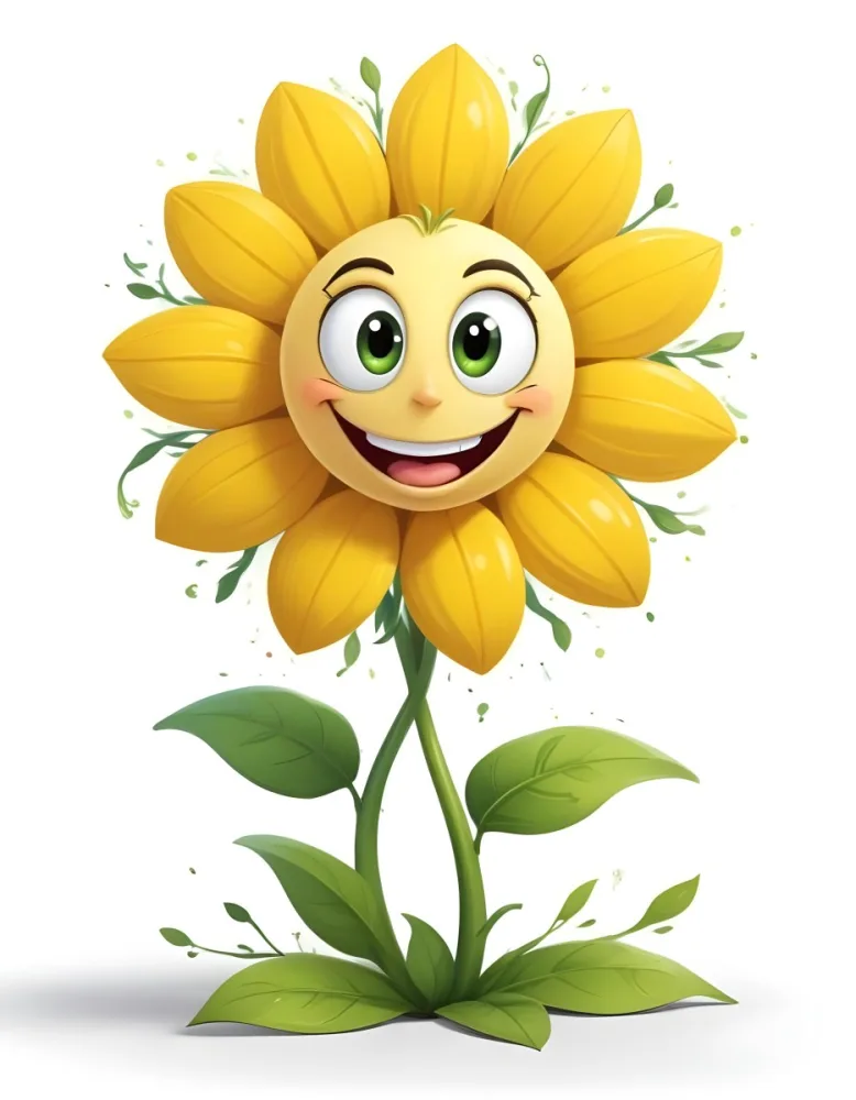 A Smiling Yellow Sunflower With A Happy Cartoon Face Surrounded By Green Leaves Against A Dark Background 2 E98e