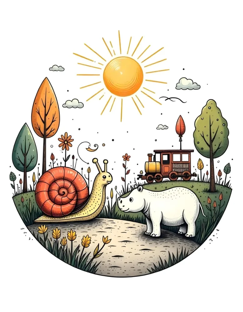 A Snail With A Blue Shell A Blue Hippo And A Rocket On A Wooden Fence With Flowers Trees And A Sun In The Background 95 0ee1