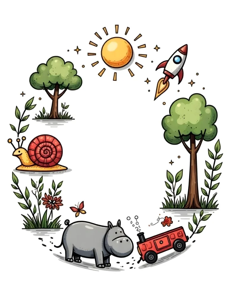 A Snail With A Blue Shell A Blue Hippo And A Rocket On A Wooden Fence With Flowers Trees And A Sun In The Background 98 96e1