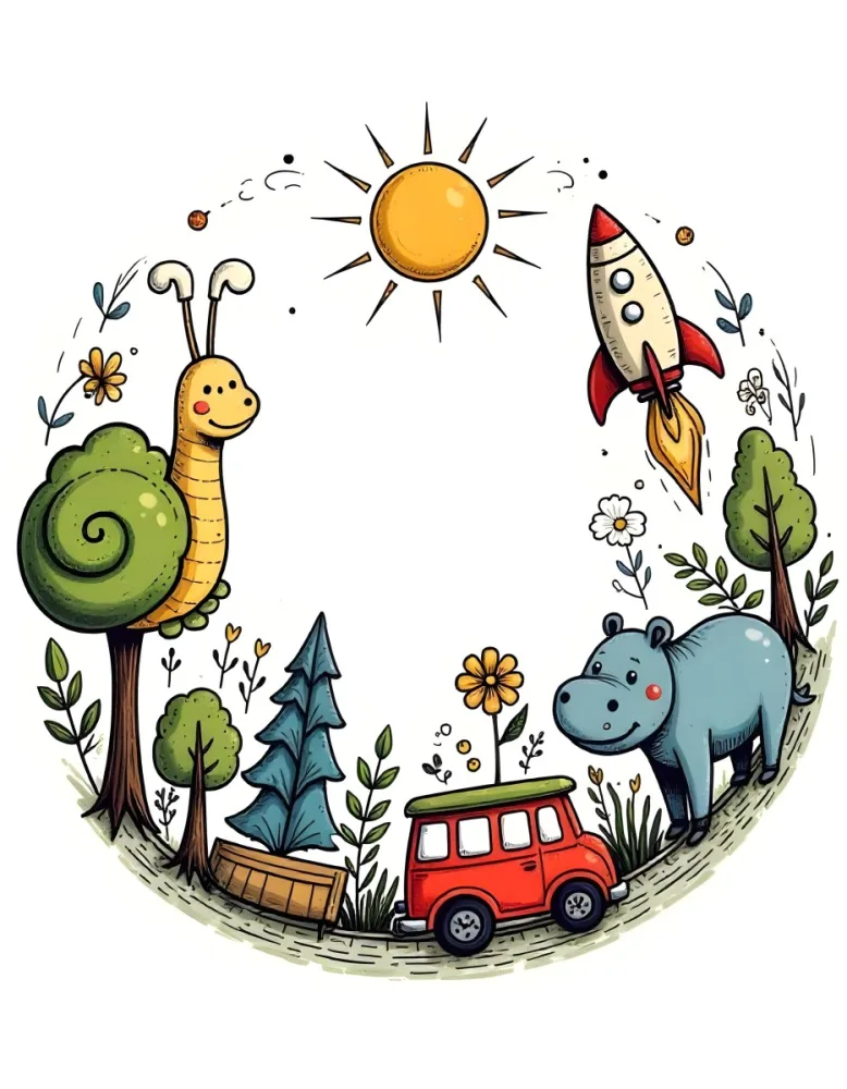 A Snail With A Blue Shell A Blue Hippo And A Rocket On A Wooden Fence With Flowers Trees And A Sun In The Background 99 Bd17