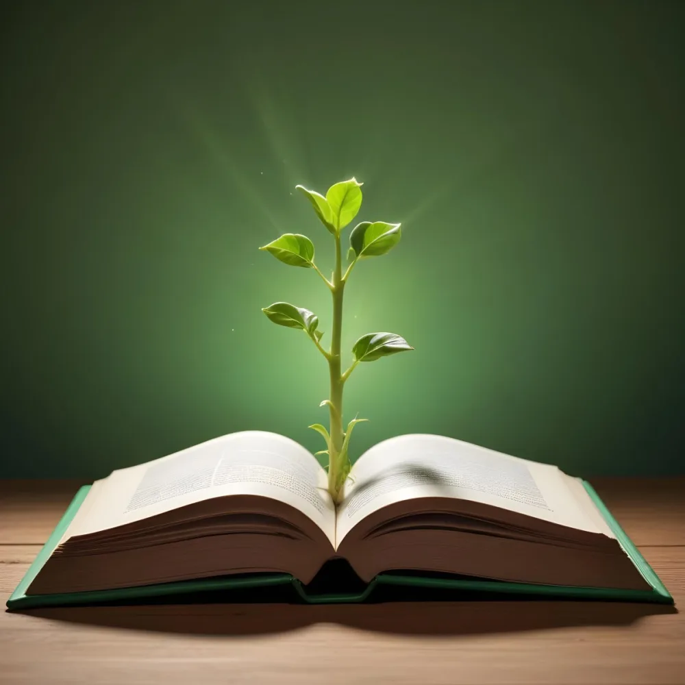 A Sprout Growing From An Open Book On A Wooden Table With A Bright Green Background And A Light Shining From Above 10 8e74