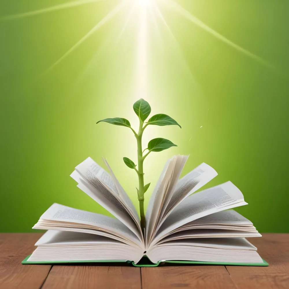 A Sprout Growing From An Open Book On A Wooden Table With A Bright Green Background And A Light Shining From Above 11 Ab09