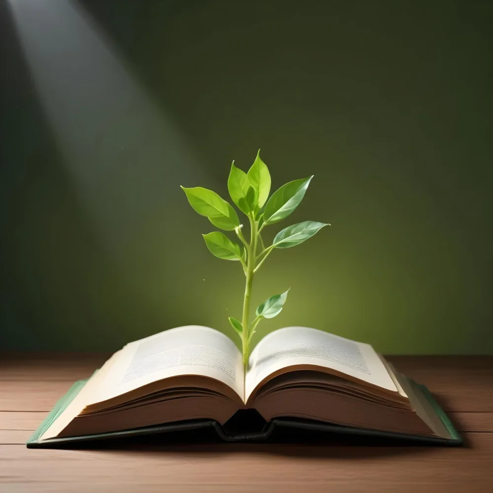 A Sprout Growing From An Open Book On A Wooden Table With A Bright Green Background And A Light Shining From Above 12 A068