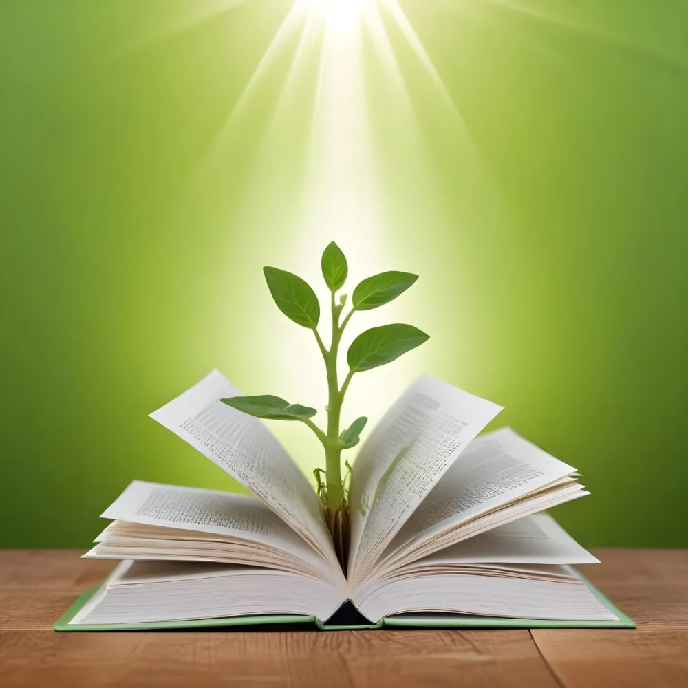 A Sprout Growing From An Open Book On A Wooden Table With A Bright Green Background And A Light Shining From Above 14 40e1