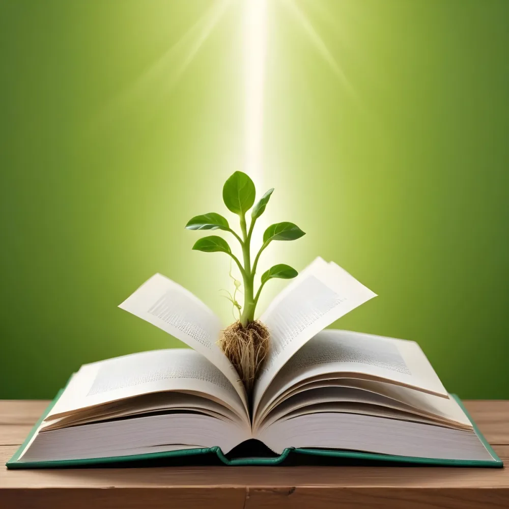 A Sprout Growing From An Open Book On A Wooden Table With A Bright Green Background And A Light Shining From Above 16 66e3