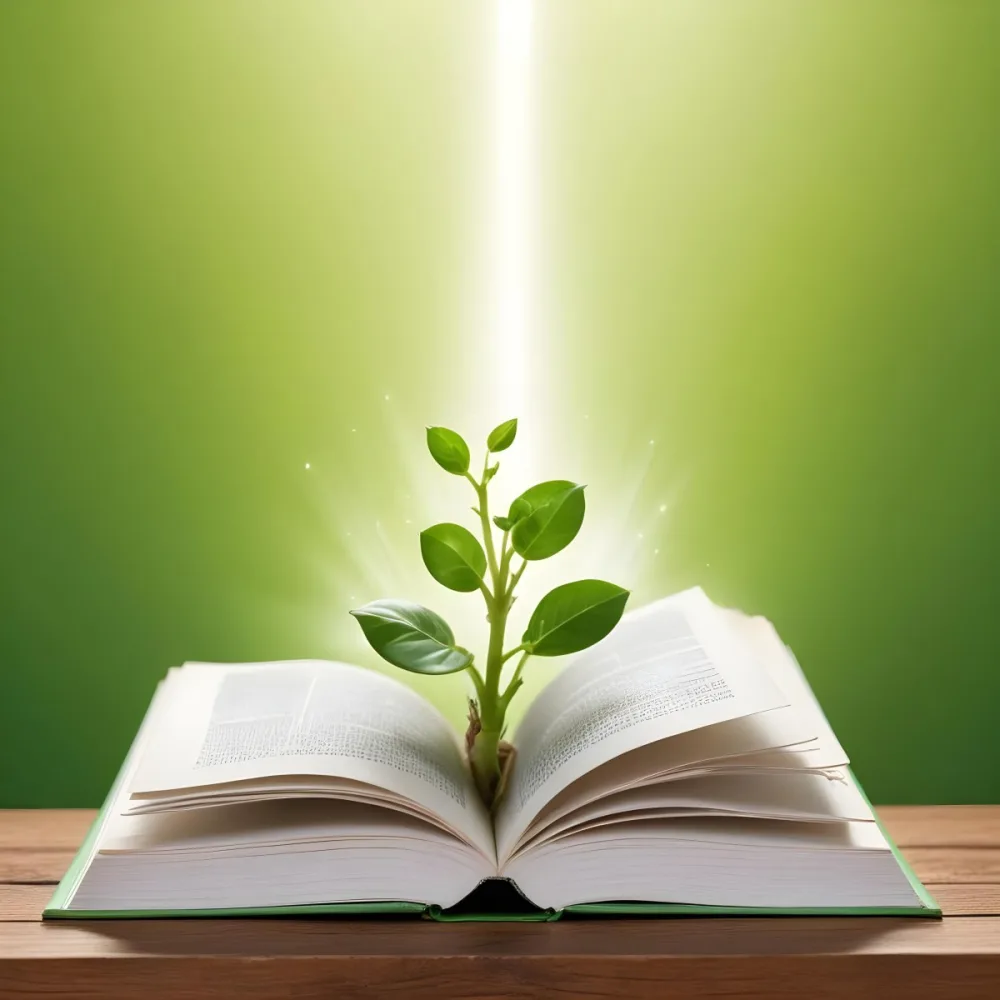 A Sprout Growing From An Open Book On A Wooden Table With A Bright Green Background And A Light Shining From Above 19 D7f6