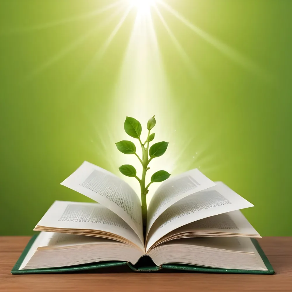A Sprout Growing From An Open Book On A Wooden Table With A Bright Green Background And A Light Shining From Above 22 1c5c