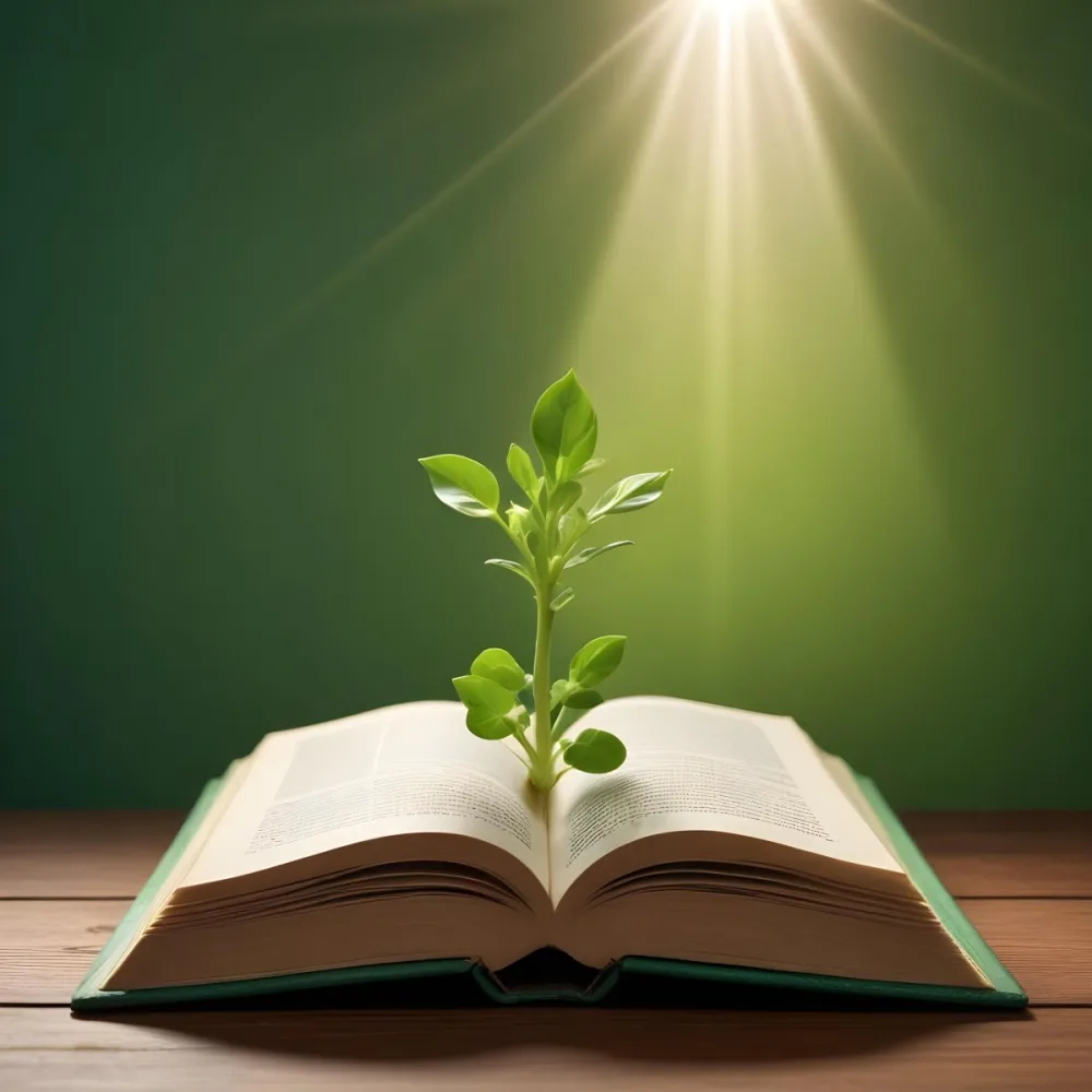 A Sprout Growing From An Open Book On A Wooden Table With A Bright Green Background And A Light Shining From Above 24 F1f2
