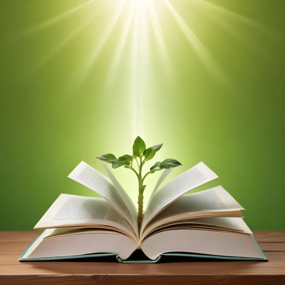 A Sprout Growing From An Open Book On A Wooden Table With A Bright Green Background And A Light Shining From Above 6 0f86