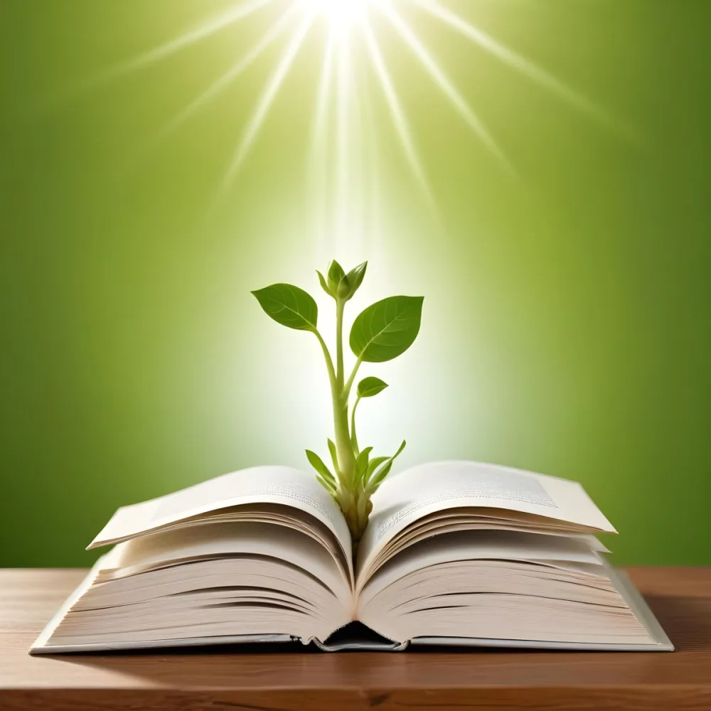 A Sprout Growing From An Open Book On A Wooden Table With A Bright Green Background And A Light Shining From Above 8 Fb9f
