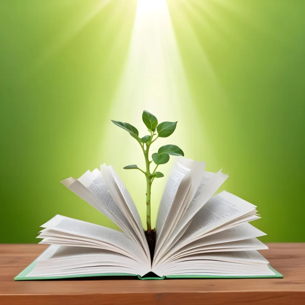 A Sprout Growing From An Open Book On A Wooden Table With A Bright Green Background And A Light Shining From Above 9 A6f4