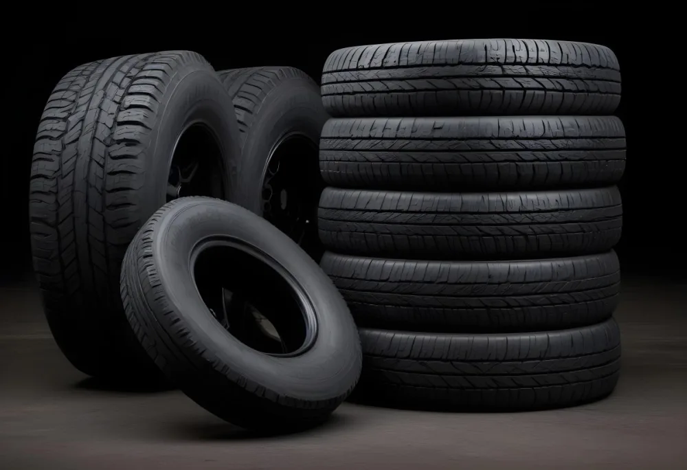 A Stack Of Four Black Tires With Black Rims One Tire Is Leaning Against The Stack The Background Is Black 27 Facb