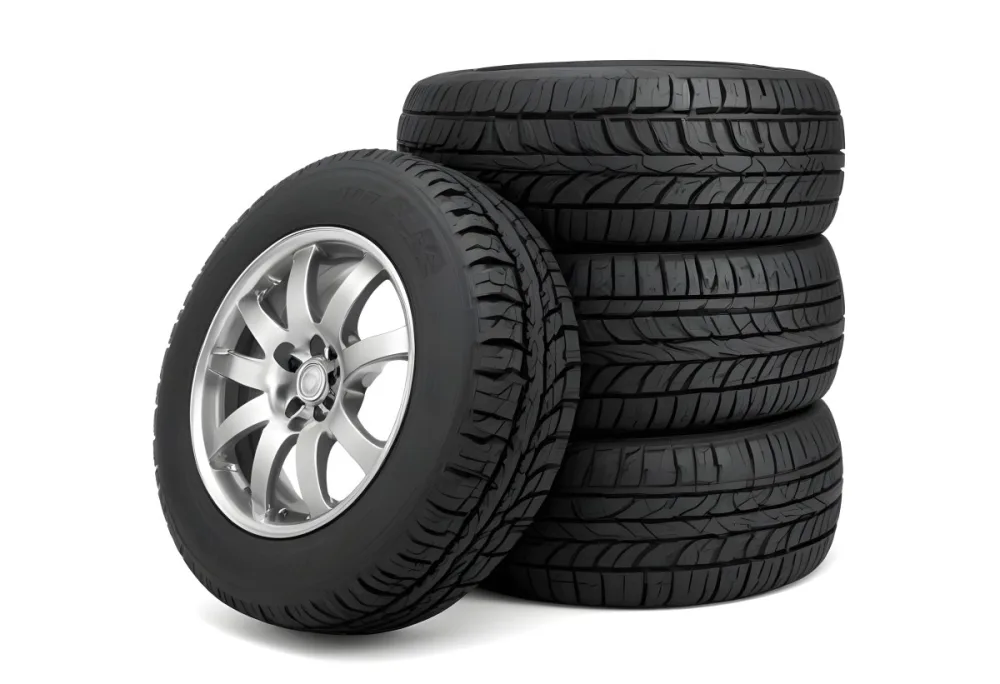 A Stack Of Four Black Tires With Black Rims One Tire Is Leaning Against The Stack The Background Is Black 29 Faf5