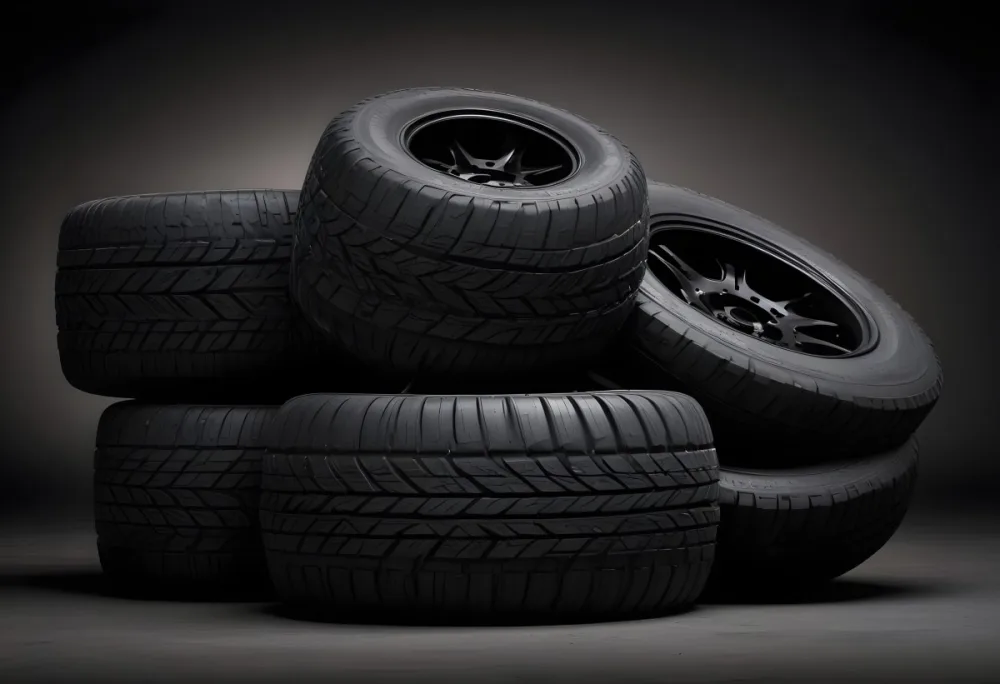 A Stack Of Four Black Tires With Black Rims One Tire Is Leaning Against The Stack The Background Is Black 6 12c9