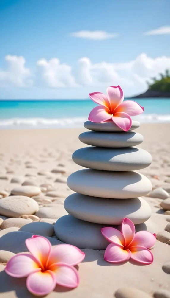 A Stack Of Smooth Pastel Colored Stones On A Beach With A Plumeria Flower Representing Balance And Tranquility 294 Ae65