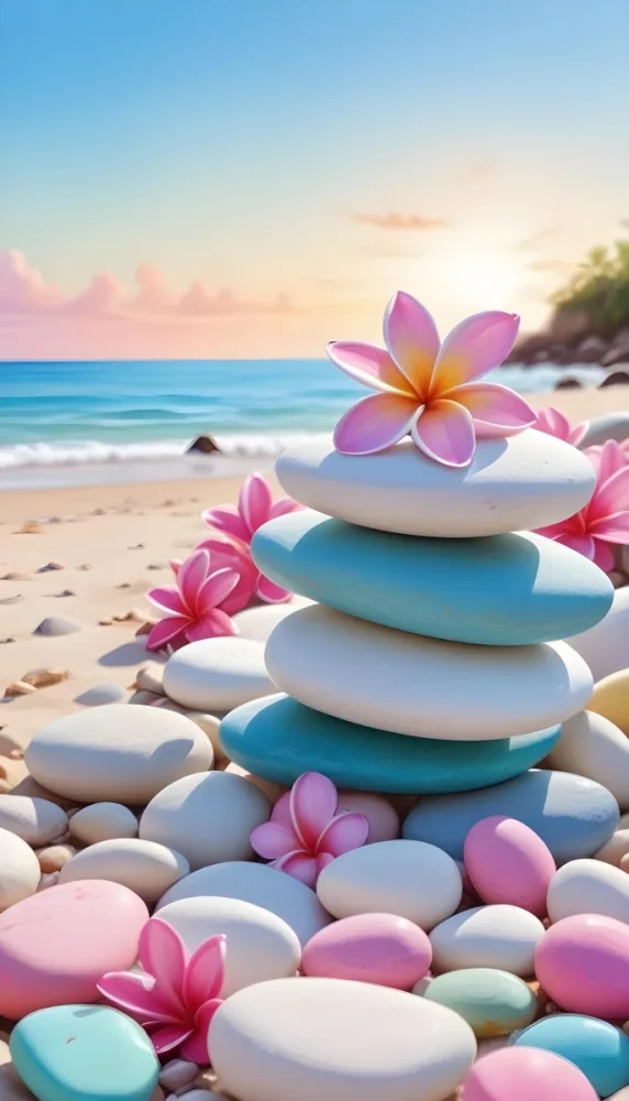 A Stack Of Smooth Pastel Colored Stones On A Beach With A Plumeria Flower Representing Balance And Tranquility 96 7d28