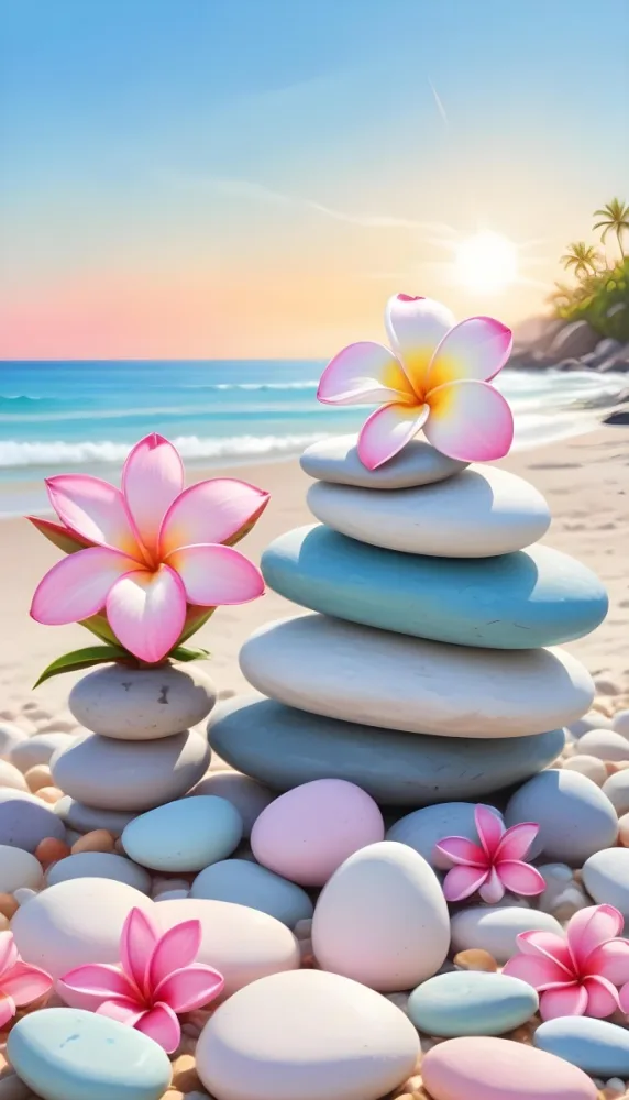 A Stack Of Smooth Pastel Colored Stones On A Beach With A Plumeria Flower Representing Balance And Tranquility 97 75d9