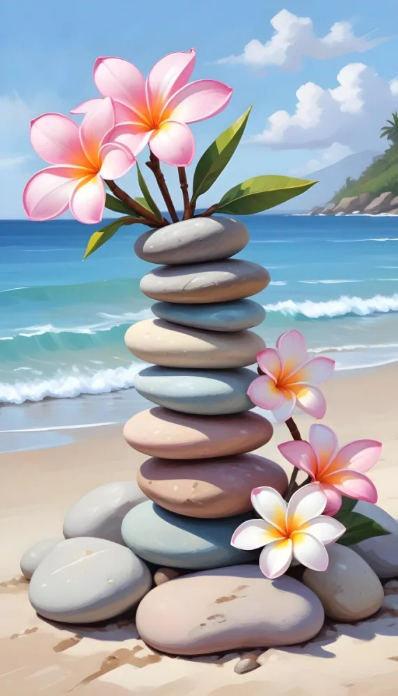 A Stack Of Smooth Pastel Colored Stones On A Beach With A Plumeria Flower Representing Balance And Tranquility 98 7c34