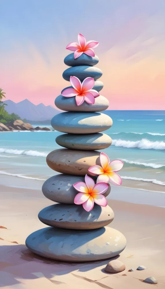 A Stack Of Smooth Pastel Colored Stones On A Beach With A Plumeria Flower Representing Balance And Tranquility 99 Ac0c