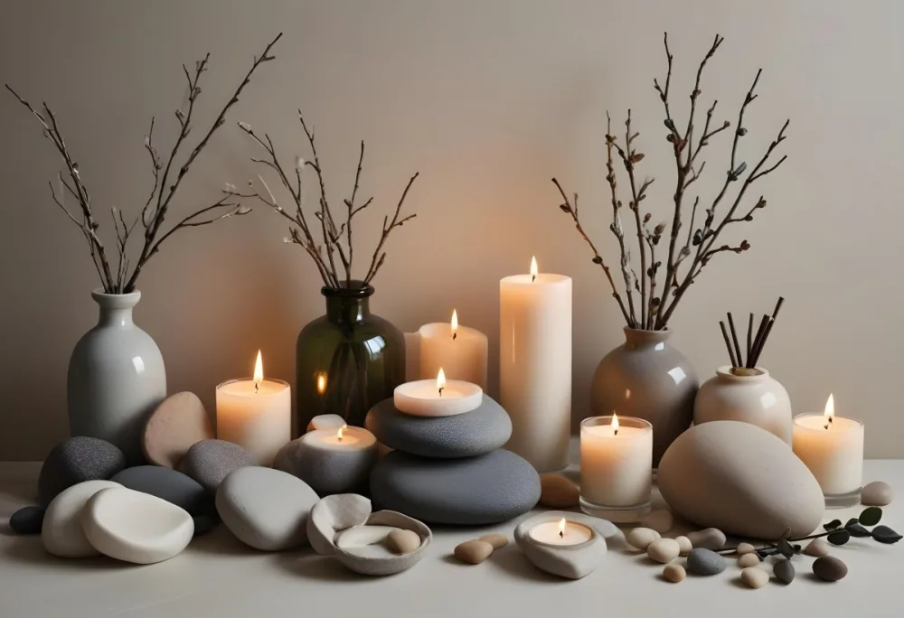 A Still Life Arrangement Featuring Various Natural Elements Such As Stones Branches And Candles Along With Skincare And Beauty Products In Glass And Ceramic Containers 1 2e8e