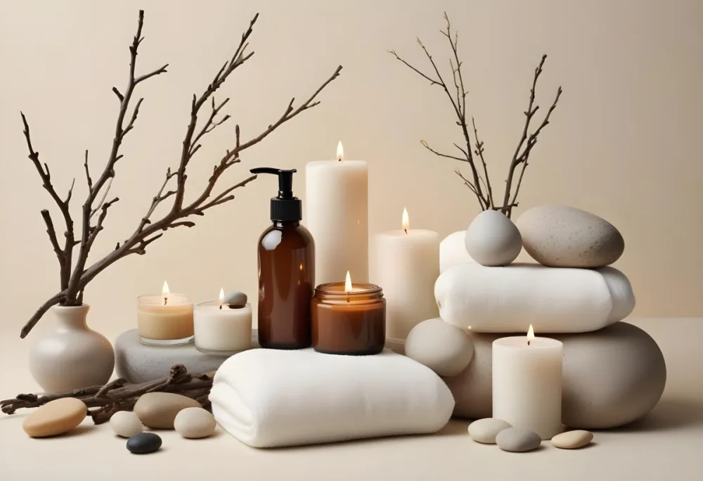 A Still Life Arrangement Featuring Various Natural Elements Such As Stones Branches And Candles Along With Skincare And Beauty Products In Glass And Ceramic Containers 10 Eecf