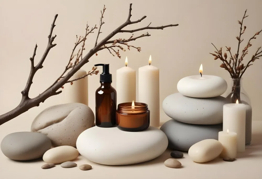 A Still Life Arrangement Featuring Various Natural Elements Such As Stones Branches And Candles Along With Skincare And Beauty Products In Glass And Ceramic Containers 11 B743