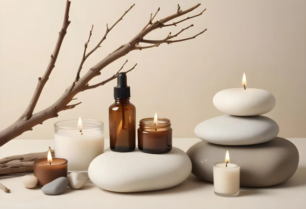 A Still Life Arrangement Featuring Various Natural Elements Such As Stones Branches And Candles Along With Skincare And Beauty Products In Glass And Ceramic Containers 14 884d