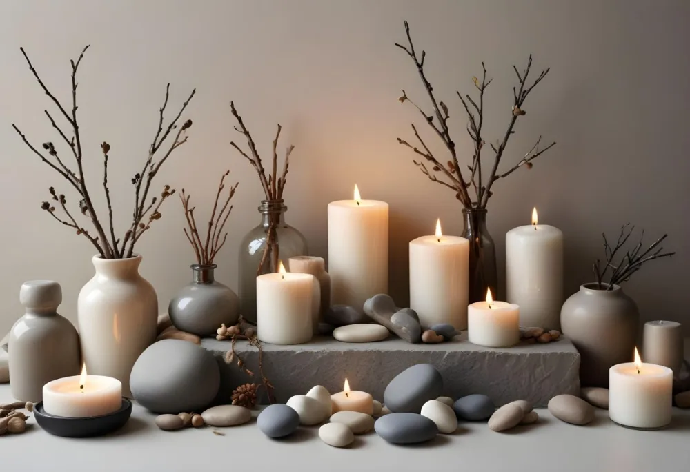 A Still Life Arrangement Featuring Various Natural Elements Such As Stones Branches And Candles Along With Skincare And Beauty Products In Glass And Ceramic Containers 15 1fb4