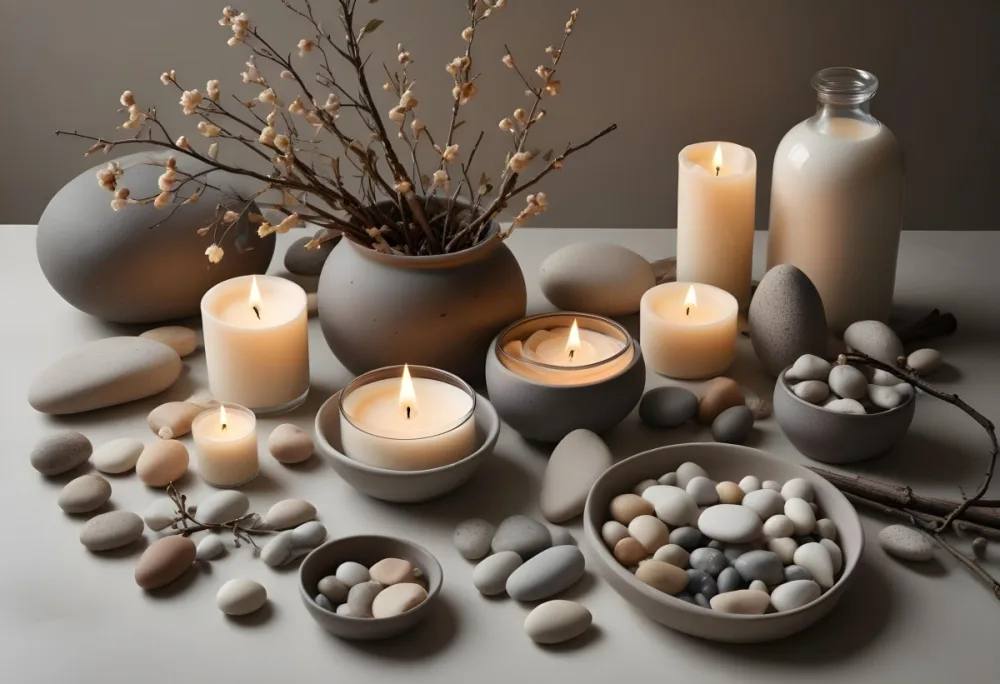 A Still Life Arrangement Featuring Various Natural Elements Such As Stones Branches And Candles Along With Skincare And Beauty Products In Glass And Ceramic Containers 3 Af1f