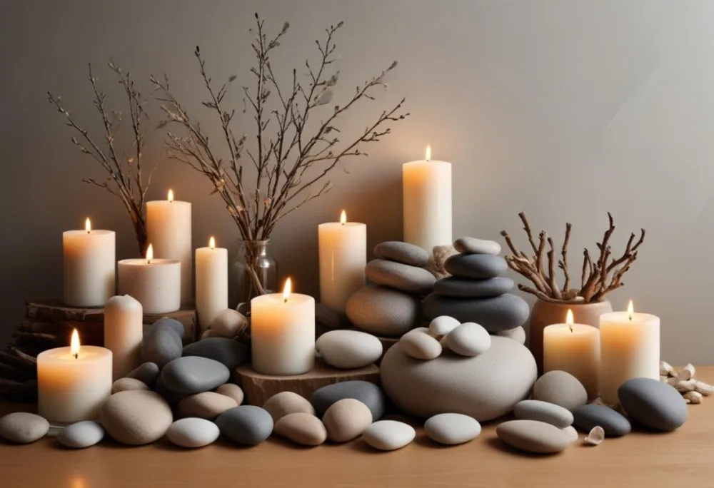 A Still Life Arrangement Featuring Various Natural Elements Such As Stones Branches And Candles Along With Skincare And Beauty Products In Glass And Ceramic Containers 3 D8ce