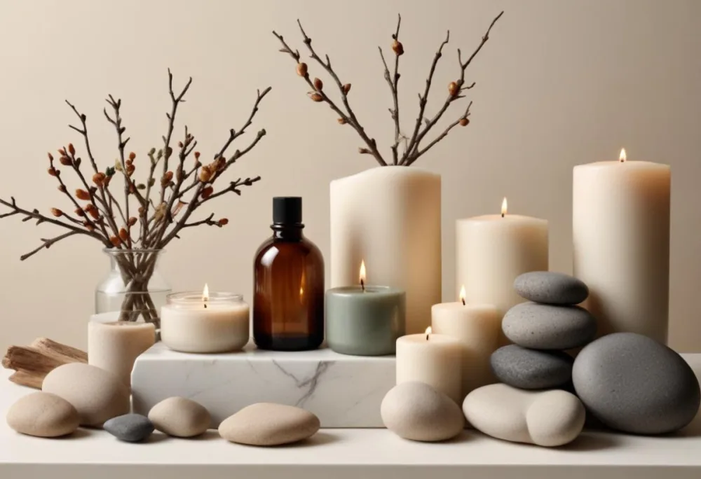 A Still Life Arrangement Featuring Various Natural Elements Such As Stones Branches And Candles Along With Skincare And Beauty Products In Glass And Ceramic Containers 4 9fcb