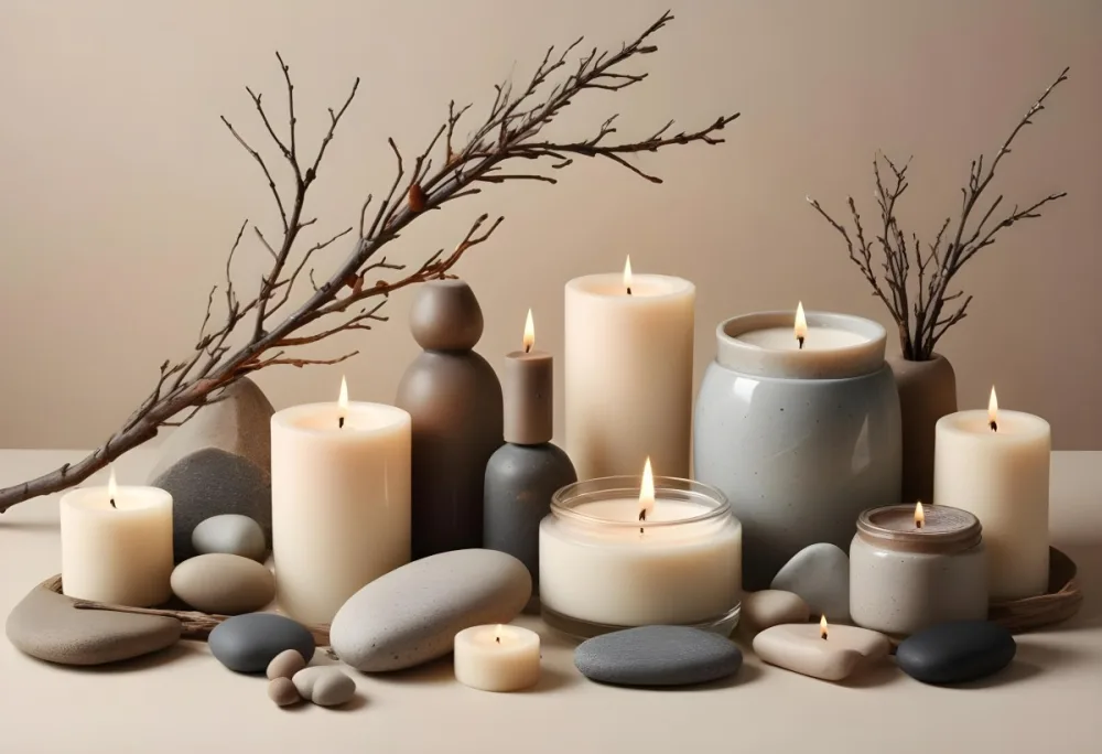 A Still Life Arrangement Featuring Various Natural Elements Such As Stones Branches And Candles Along With Skincare And Beauty Products In Glass And Ceramic Containers 4 Ef53