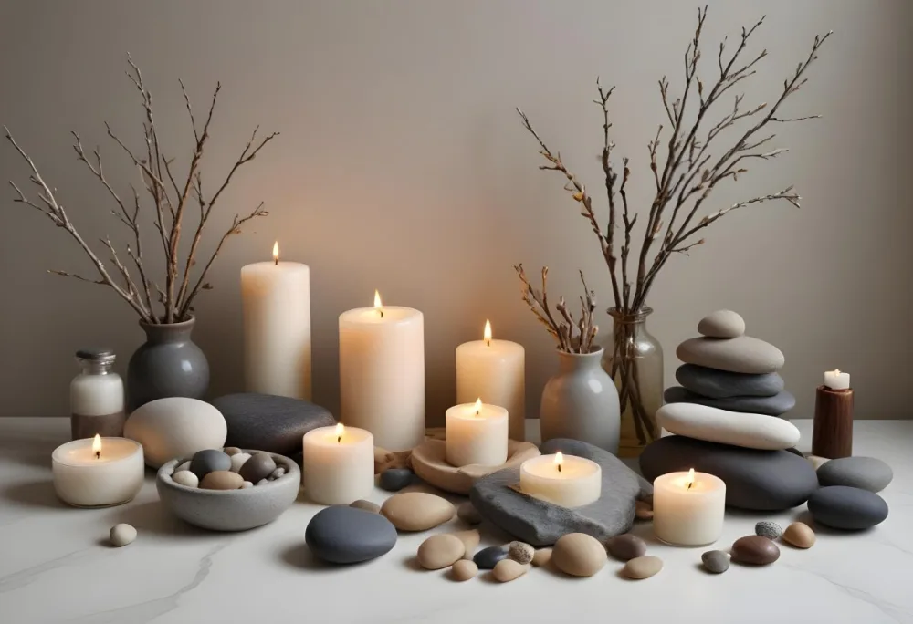 A Still Life Arrangement Featuring Various Natural Elements Such As Stones Branches And Candles Along With Skincare And Beauty Products In Glass And Ceramic Containers 5 5093