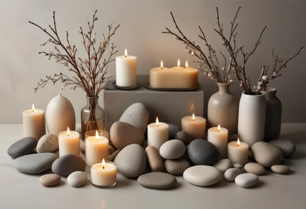 A Still Life Arrangement Featuring Various Natural Elements Such As Stones Branches And Candles Along With Skincare And Beauty Products In Glass And Ceramic Containers 5 8980