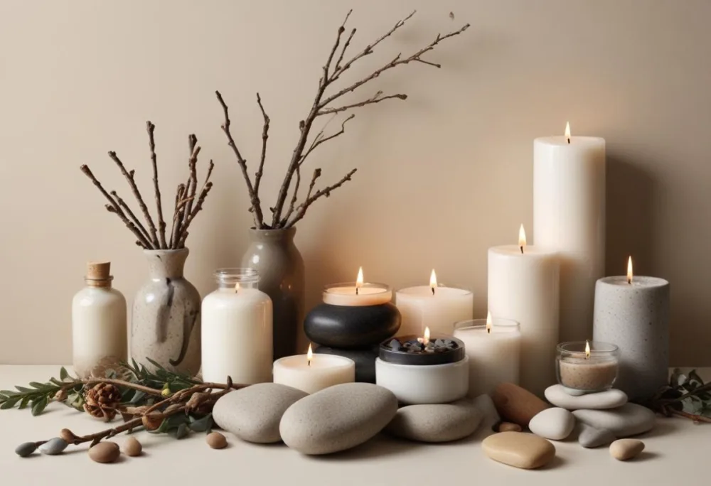 A Still Life Arrangement Featuring Various Natural Elements Such As Stones Branches And Candles Along With Skincare And Beauty Products In Glass And Ceramic Containers 6 60a6