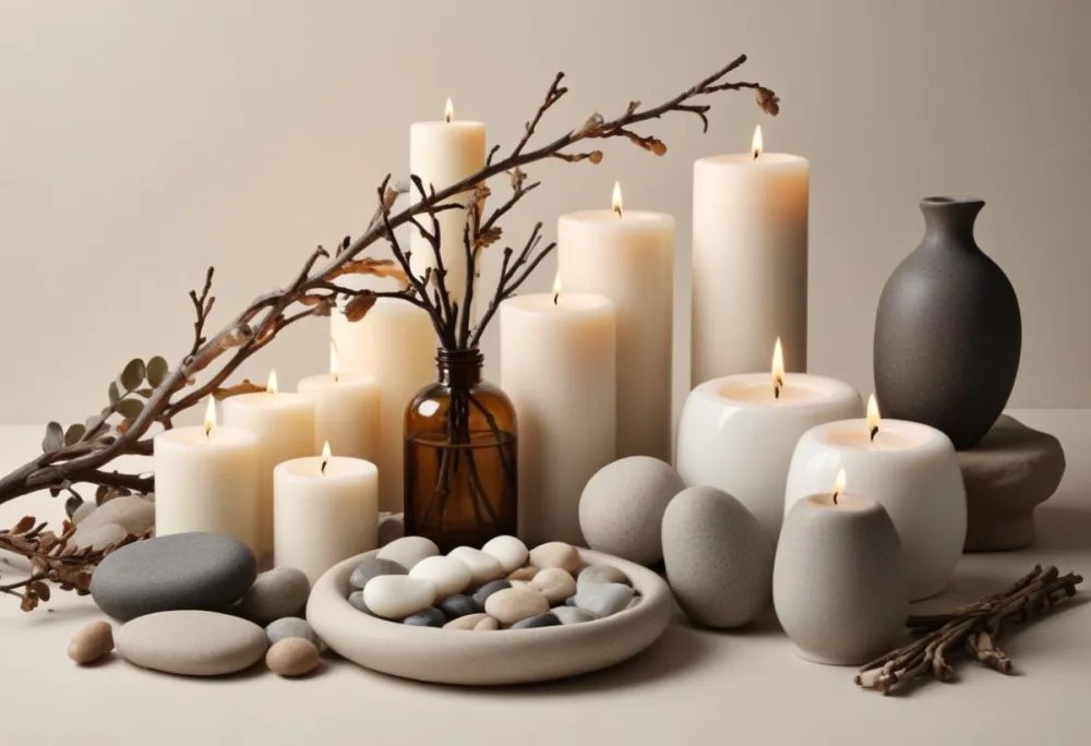 A Still Life Arrangement Featuring Various Natural Elements Such As Stones Branches And Candles Along With Skincare And Beauty Products In Glass And Ceramic Containers 8 14e8
