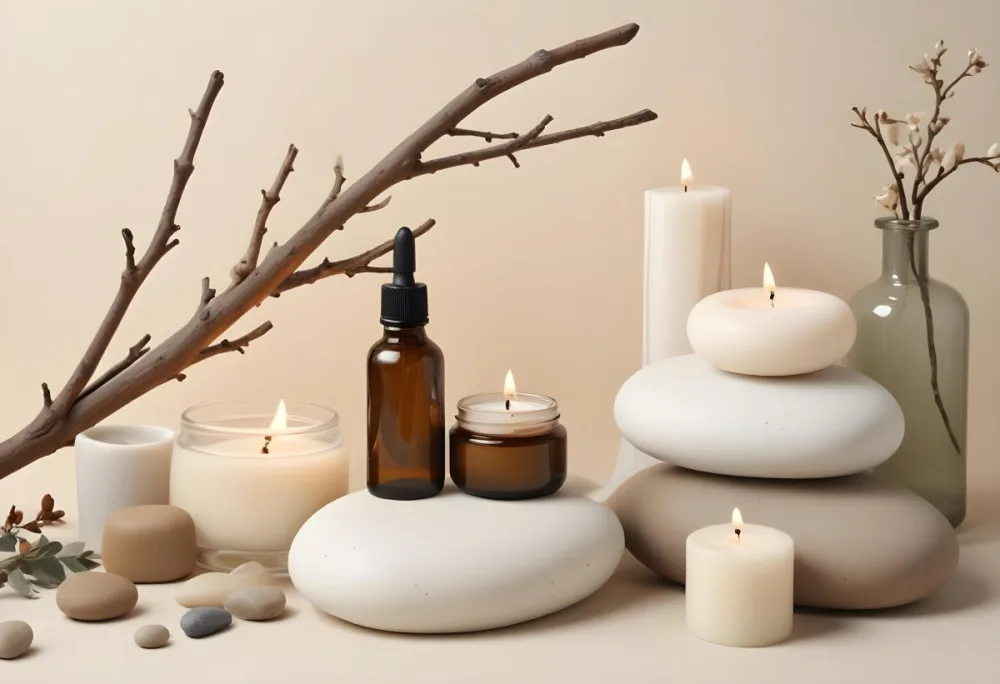 A Still Life Arrangement Featuring Various Natural Elements Such As Stones Branches And Candles Along With Skincare And Beauty Products In Glass And Ceramic Containers 8 8e33