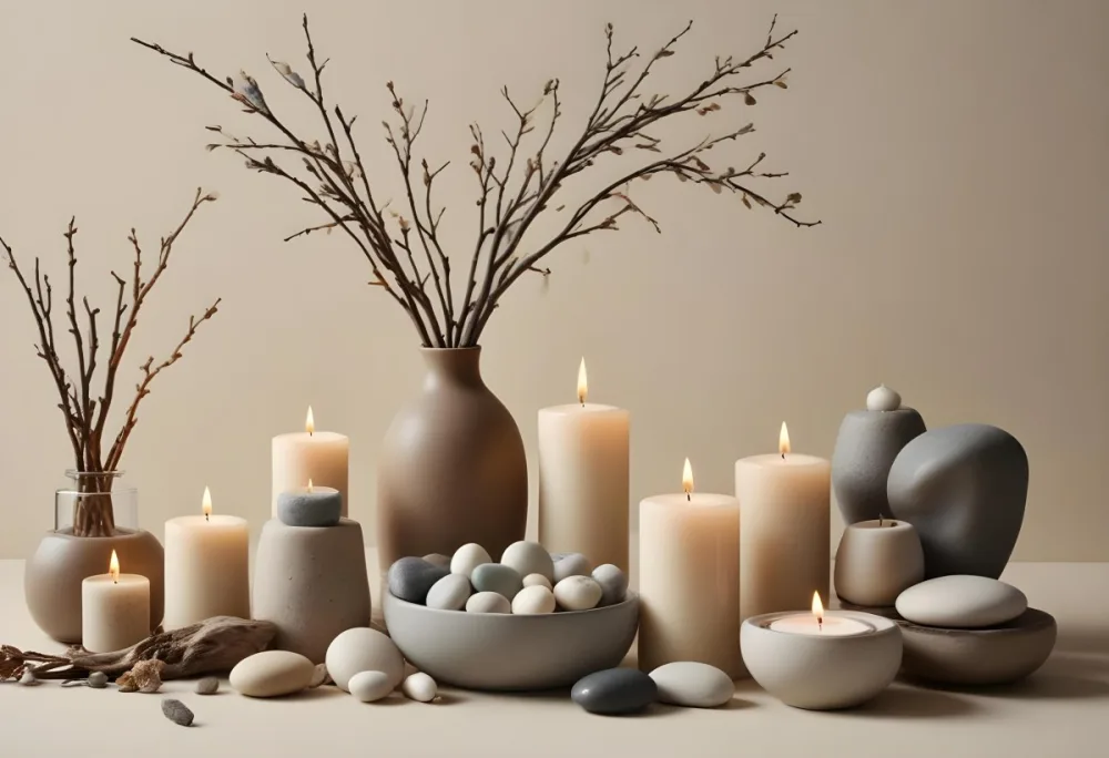 A Still Life Arrangement Featuring Various Natural Elements Such As Stones Branches And Candles Along With Skincare And Beauty Products In Glass And Ceramic Containers 9 C7f8