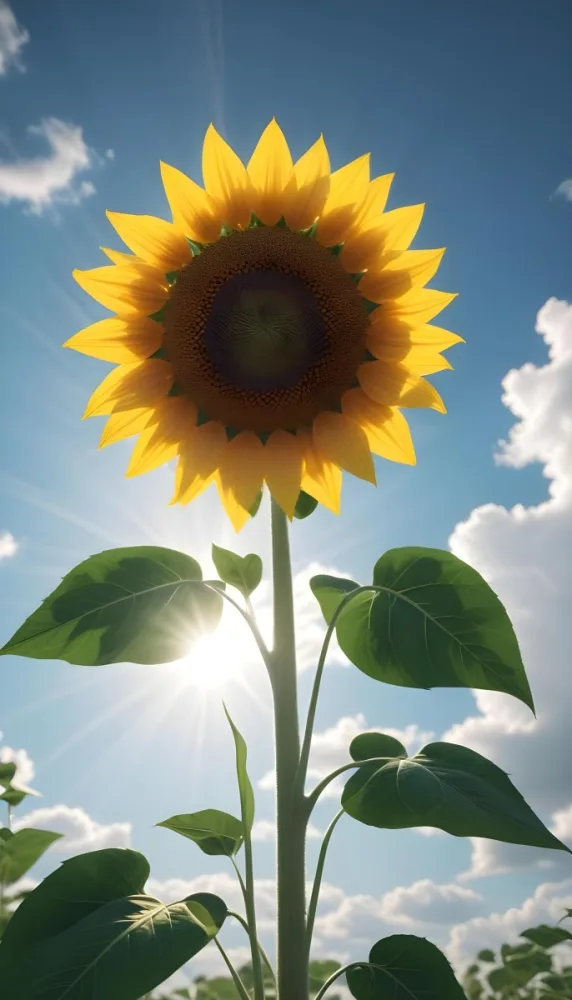 A Sunflower With Green Leaves And A Long Stem Against A Blue Sky With White Clouds And Sun Rays 11 F9cc