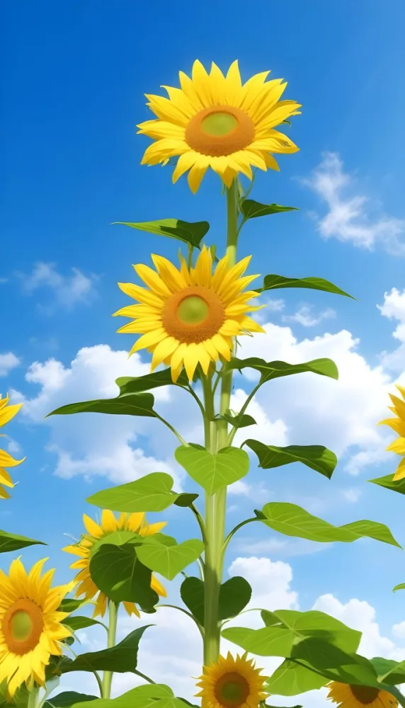 A Sunflower With Green Leaves And A Long Stem Against A Blue Sky With White Clouds And Sun Rays 12 E1e5