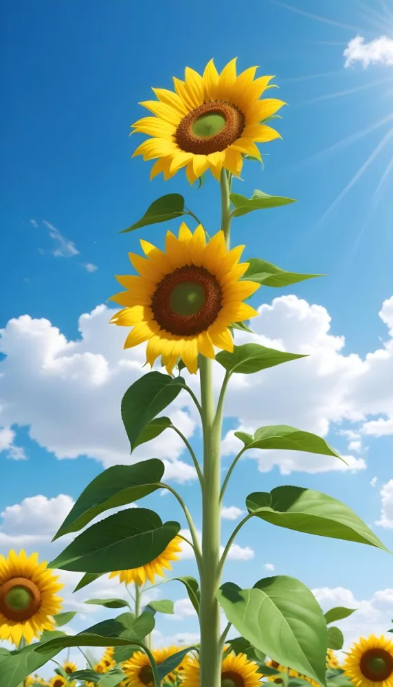 A Sunflower With Green Leaves And A Long Stem Against A Blue Sky With White Clouds And Sun Rays 17 86f8