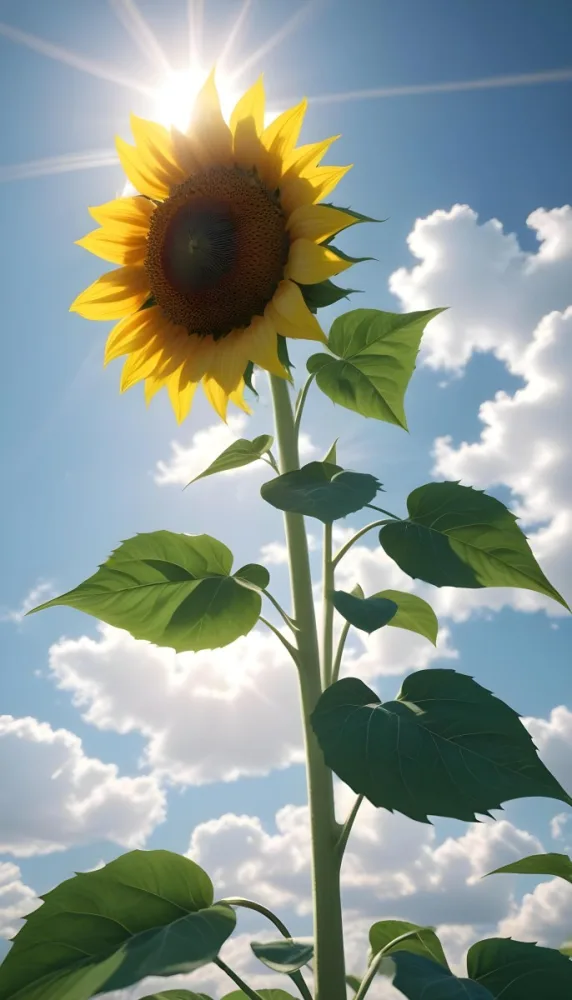 A Sunflower With Green Leaves And A Long Stem Against A Blue Sky With White Clouds And Sun Rays 19 6262