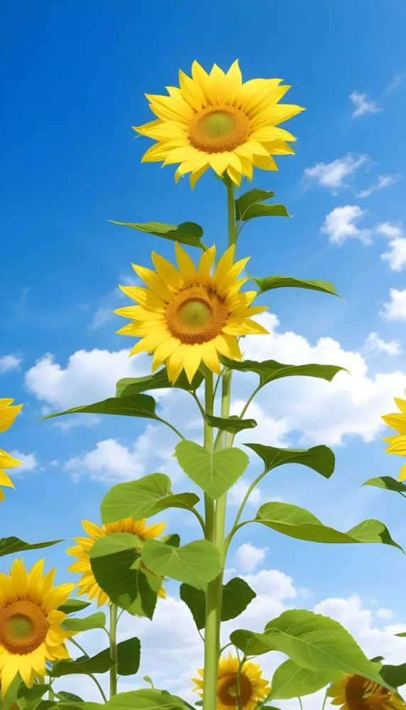 A Sunflower With Green Leaves And A Long Stem Against A Blue Sky With White Clouds And Sun Rays 2 Ee4f