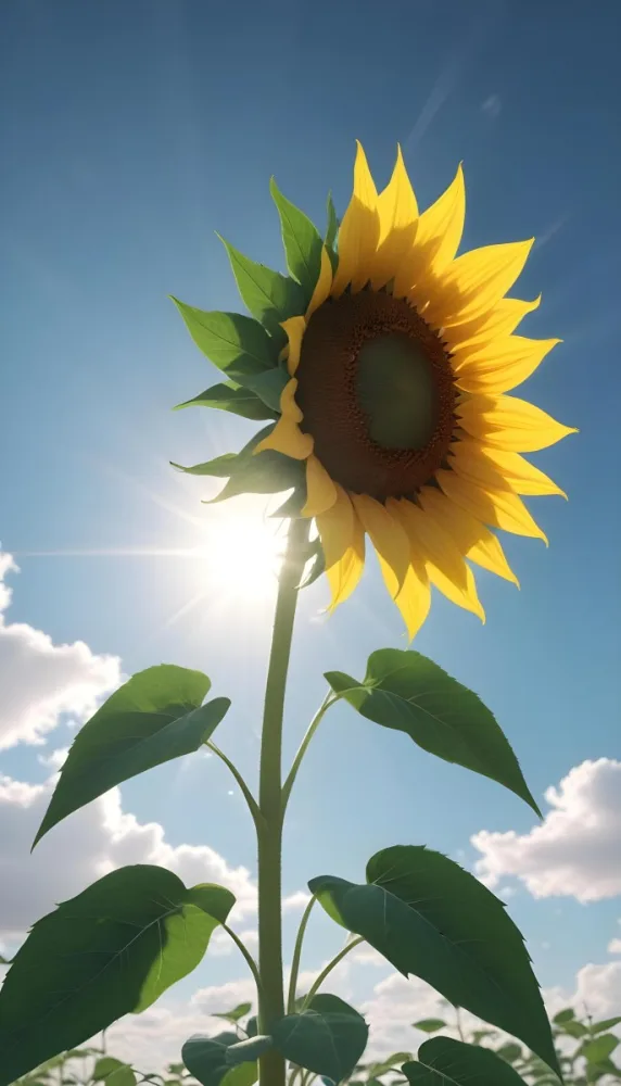 A Sunflower With Green Leaves And A Long Stem Against A Blue Sky With White Clouds And Sun Rays 23 9a27