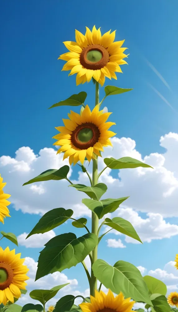 A Sunflower With Green Leaves And A Long Stem Against A Blue Sky With White Clouds And Sun Rays 3 Ab1a