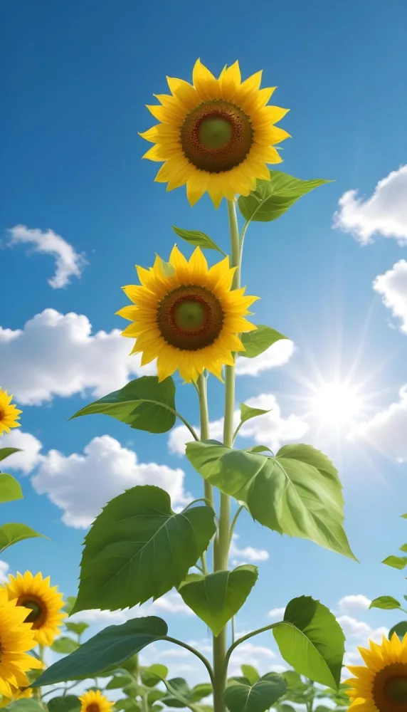 A Sunflower With Green Leaves And A Long Stem Against A Blue Sky With White Clouds And Sun Rays 31 2255