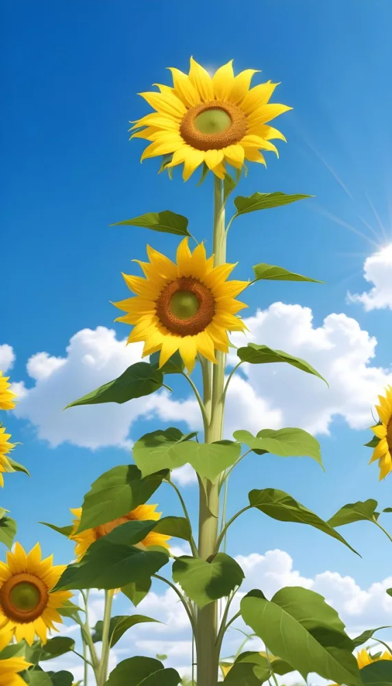 A Sunflower With Green Leaves And A Long Stem Against A Blue Sky With White Clouds And Sun Rays 34 967b