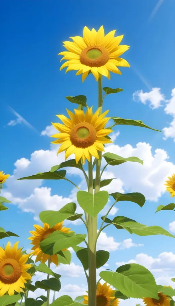 A Sunflower With Green Leaves And A Long Stem Against A Blue Sky With White Clouds And Sun Rays 36 4e88