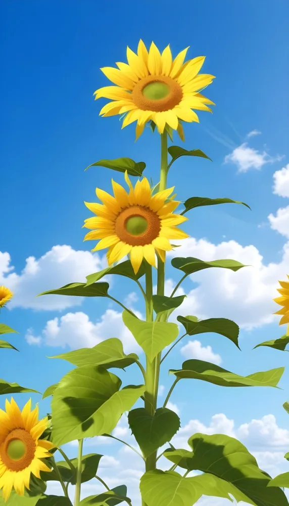 A Sunflower With Green Leaves And A Long Stem Against A Blue Sky With White Clouds And Sun Rays 38 0831