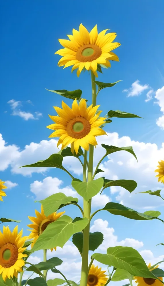 A Sunflower With Green Leaves And A Long Stem Against A Blue Sky With White Clouds And Sun Rays 4 7ab7